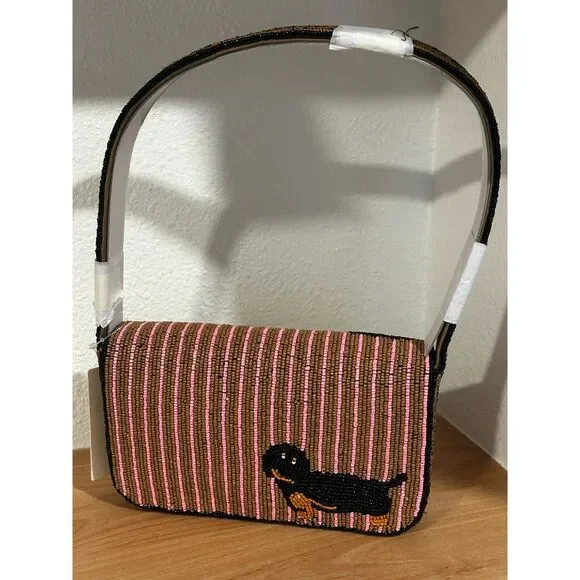 Anthropologie Beaded Dachshund Shoulder Bag in Pink and Brown NWT - Picture 2 of 4